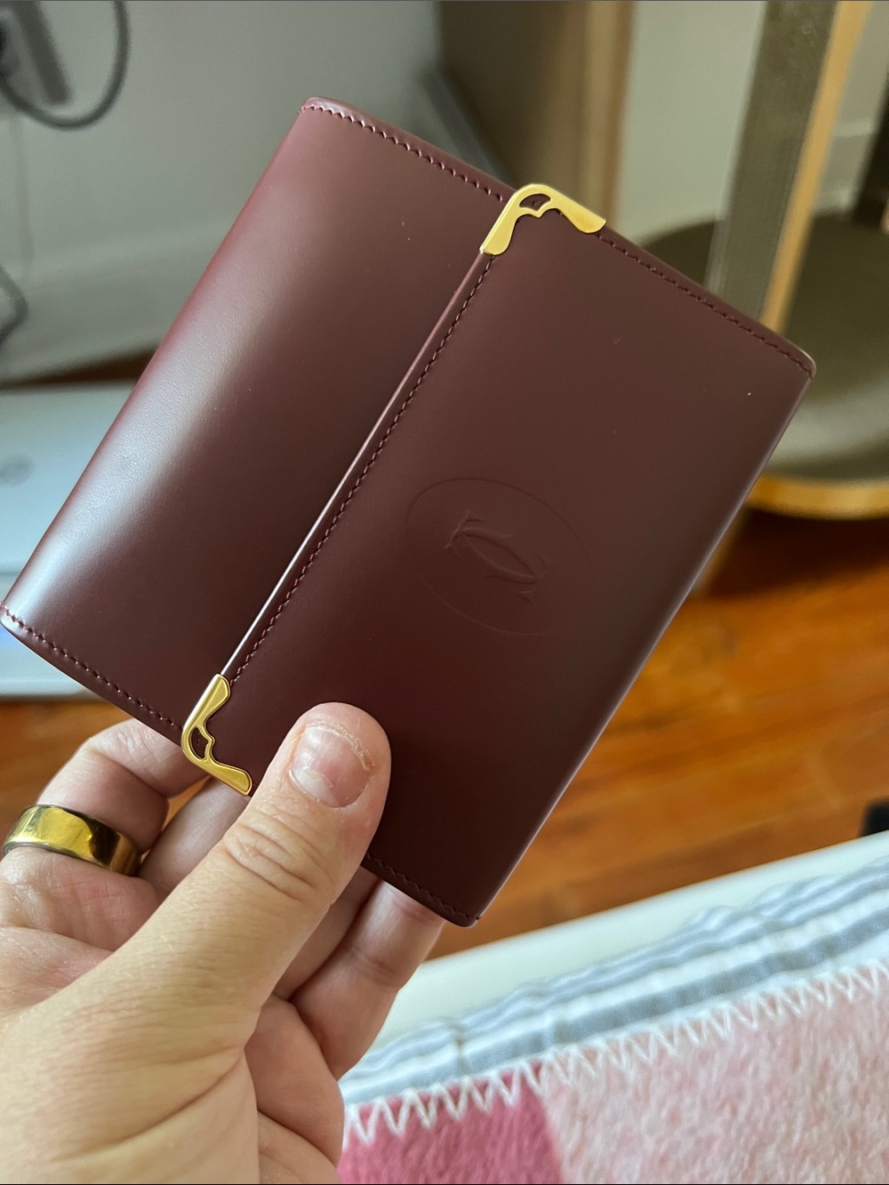 Cartier Burgundy Leather Card Holder with Gold Corner Accents